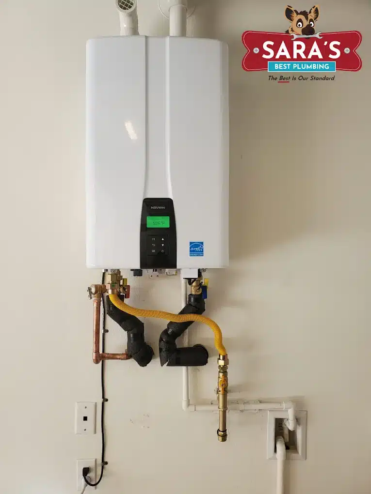Navien tankless water heater serviced by Sara's Best Plumbing